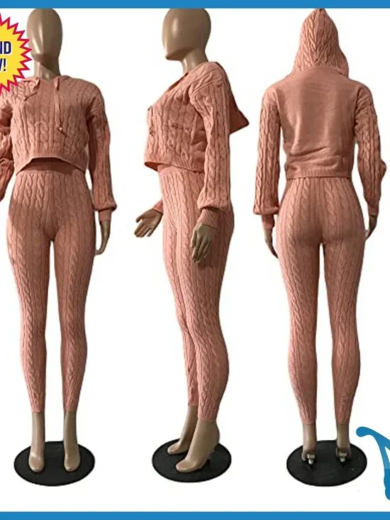 Cable Knit Sweater Set with Hooded Crop Top and High Waist Pants - Picture 6 of 6